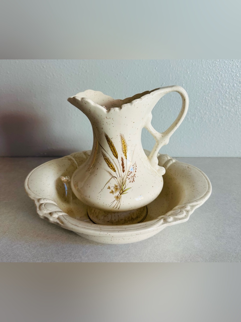 Vintage Treasure Craft Pitcher Bowl Set Original Box Wheat  Farmhouse 70s